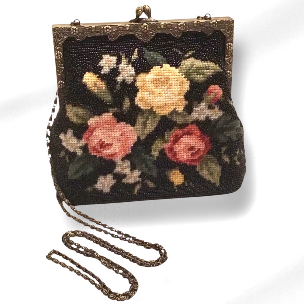 Vintage Style Regency Floral Needlepoint Beaded Evening Bag Pewter Scroll Frame - Picture 2 of 16